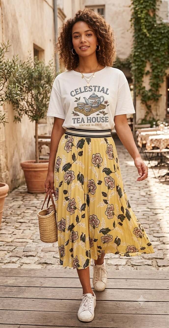 Hazel Yellow Floral Print Pleated Midi Skirt with Striped Elastic Waistband